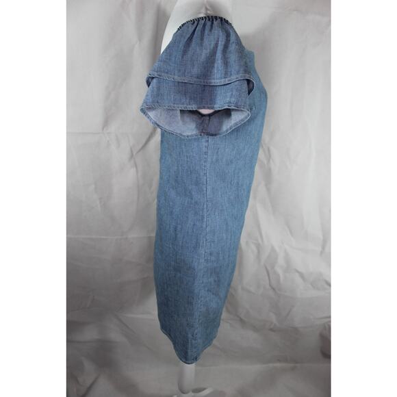 Alice + Olivia Denim Tulla Off the Shoulder Ruffle Sleeve Dress Chambray Linen - Picture 11 of 12